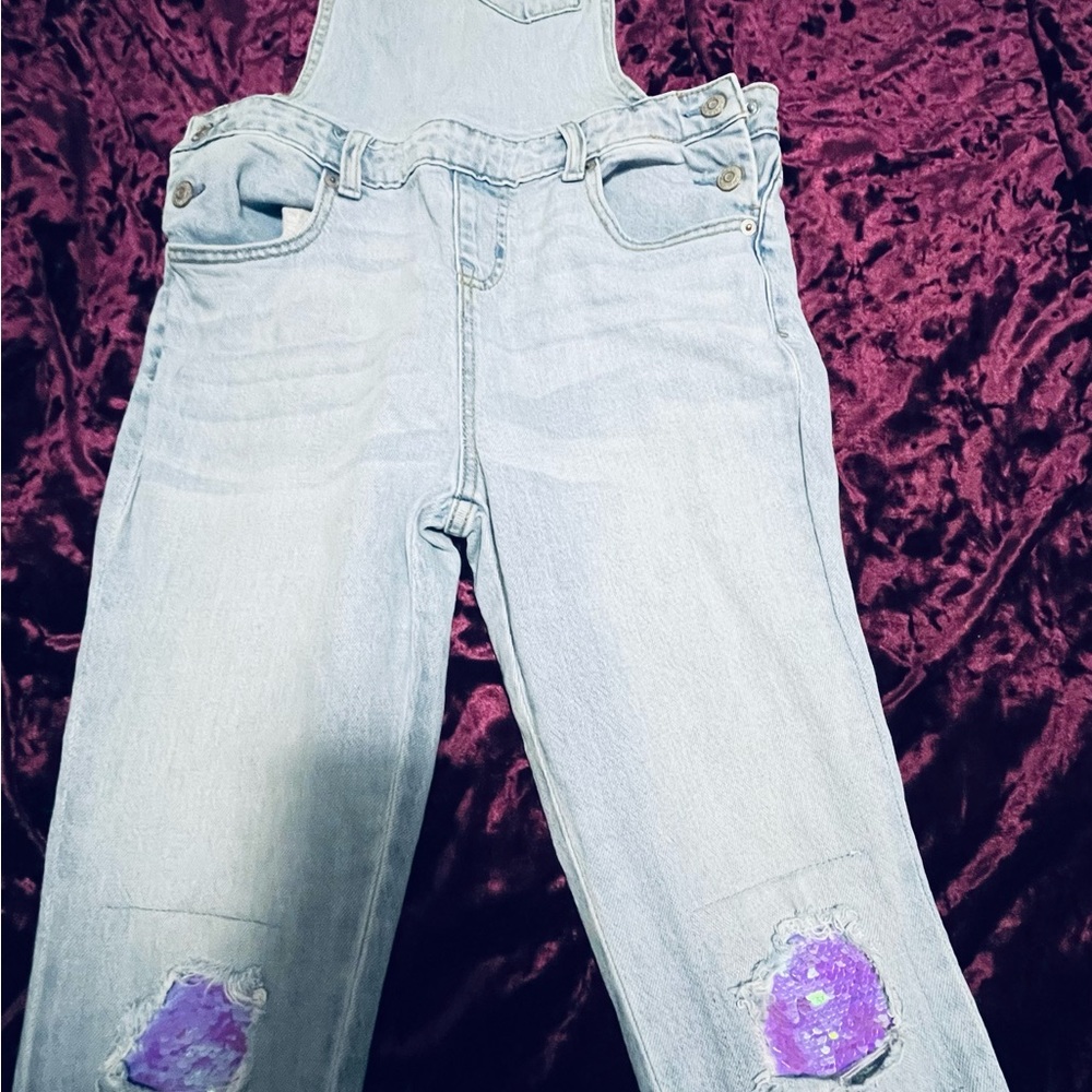 light wash denim overalls comes with a girly stripped unicorn tee  all size L